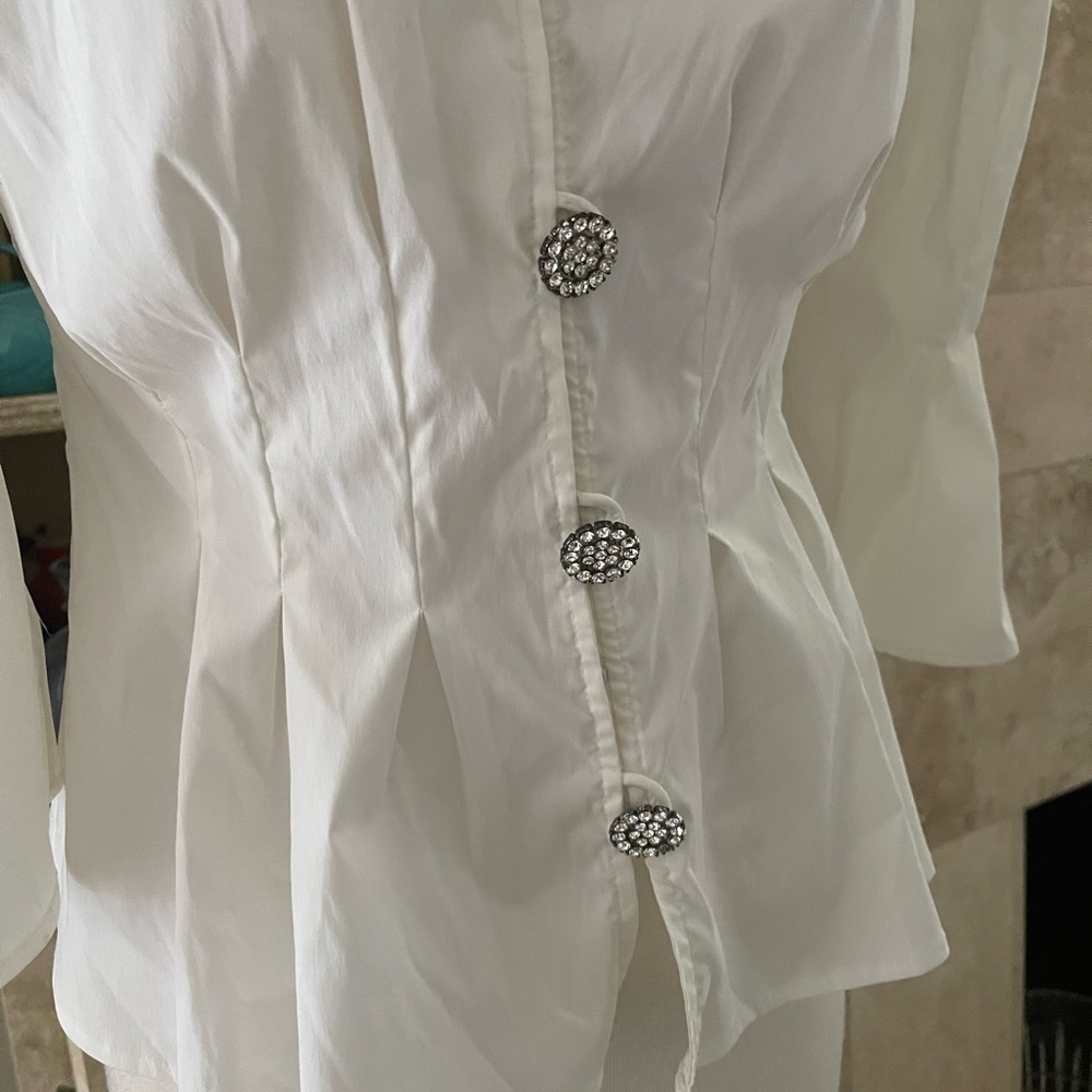 Woman’s Evening blouse Adrianna Papel cream 12 ruffle collar rhinestone buttons - Picture 3 of 13
